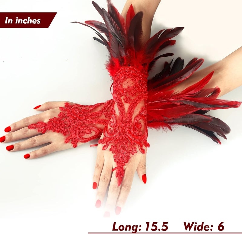 UQJE 2PCS Women's Lace Feather Long Gloves Gothic Mesh Cuff Wedding Halloween Party - Image 5